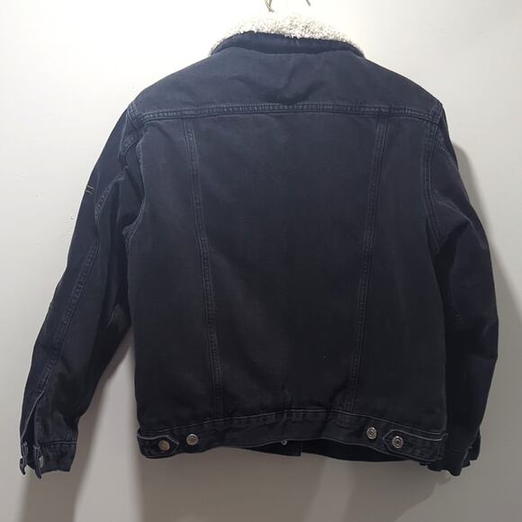 Topshop Moto Black Denim Jacket Sherpa Lined Embroidered Roses Women's Size 6 - Picture 7 of 8